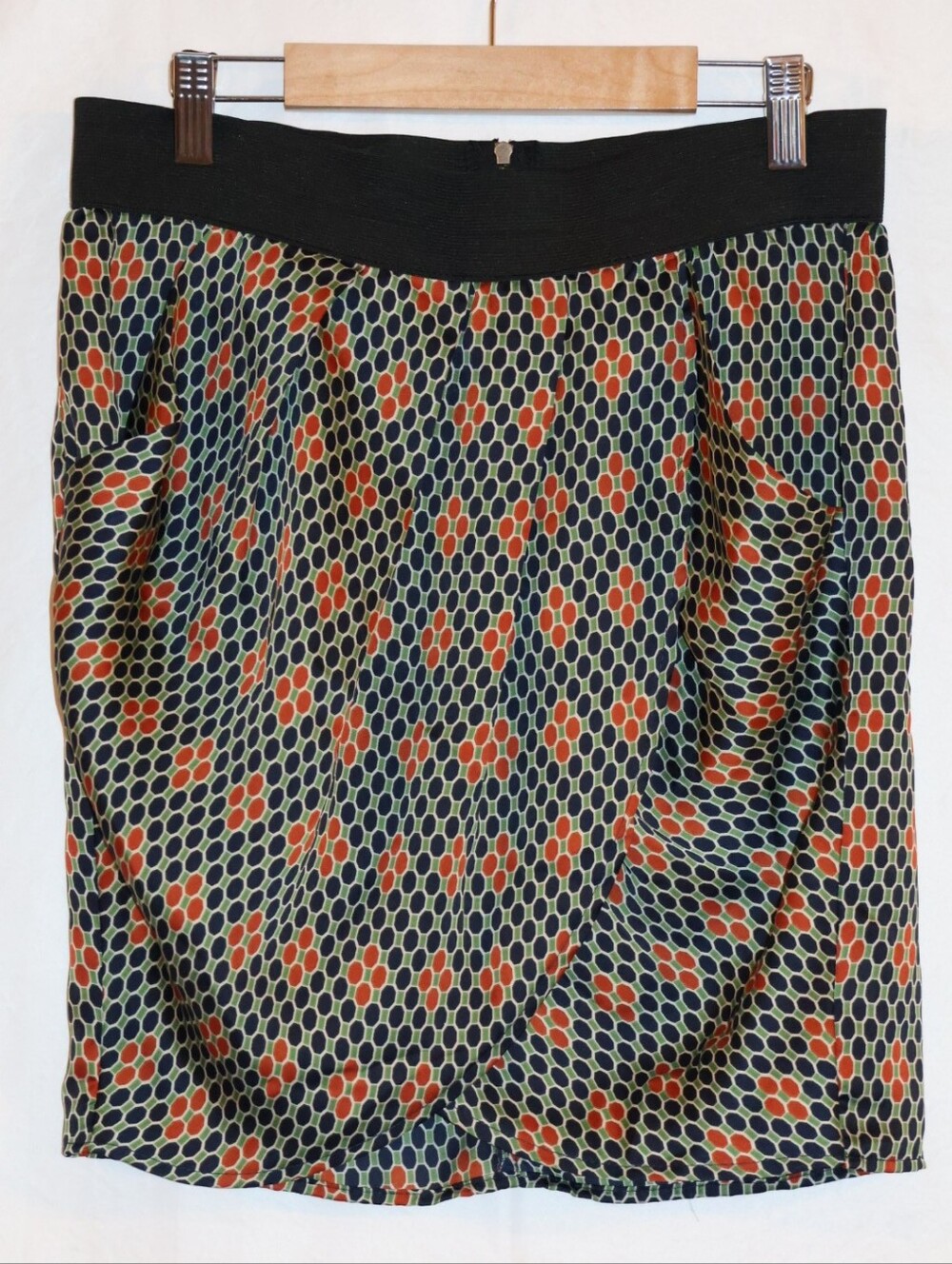 Peppermint Navy, Orange-Red, & Green Geometric Draped Mini Skirt With Pockets.